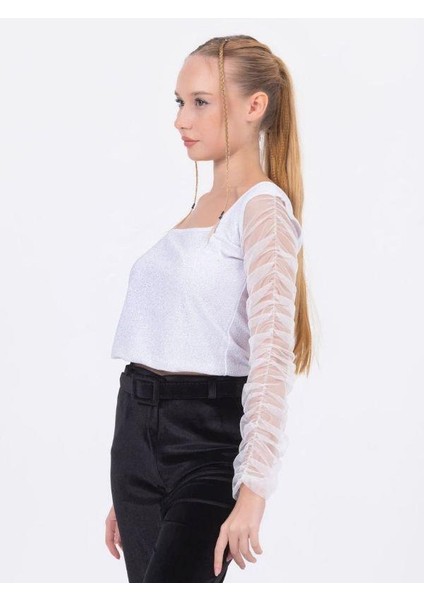 Kız Çocuk Simli Kolları Büzgülü Tül Bluz modelleri