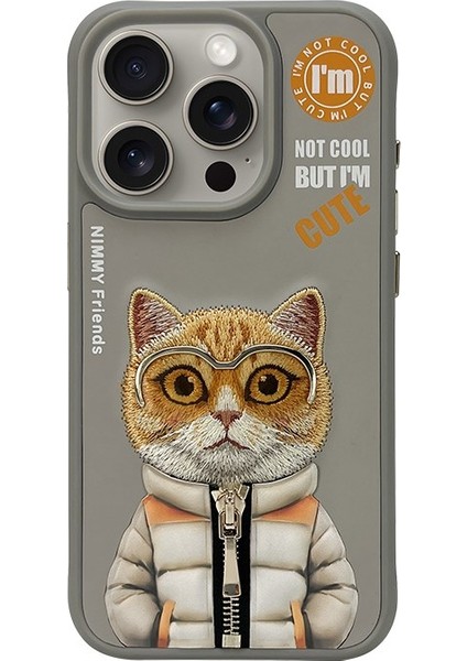 iPhone 15 Pro Max Little Hipster Man Series Gri Nakış İşlemeli Telefon Kılıfı