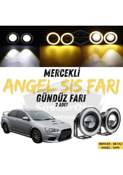Mitsubishi Lancer 2007-2014 Uyumlu Üniversal Mercekli Angel Sis Farı Metal Su Geçirmez 76 mm Sarı Halkalı Gündüz Farı Angel Eyes 2 Adet