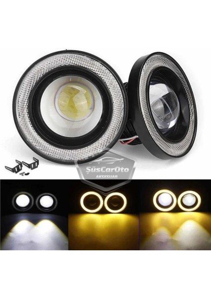 Mitsubishi Lancer 2007-2014 Uyumlu Üniversal Mercekli Angel Sis Farı Metal Su Geçirmez 76 mm Sarı Halkalı Gündüz Farı Angel Eyes 2 Adet