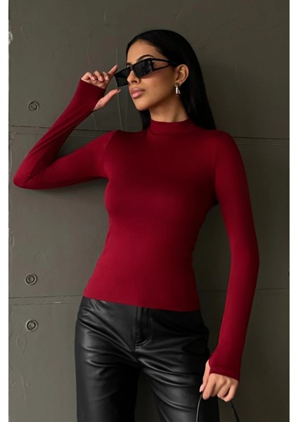 Yefra Store Kadın Bordo Parmak Detaylı Dik Yaka Basic Body