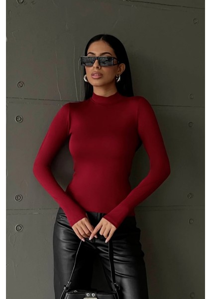 Yefra Store Kadın Bordo Parmak Detaylı Dik Yaka Basic Body