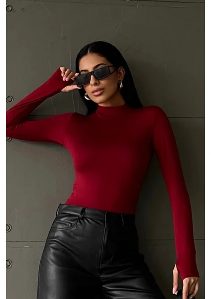 Yefra Store Kadın Bordo Parmak Detaylı Dik Yaka Basic Body