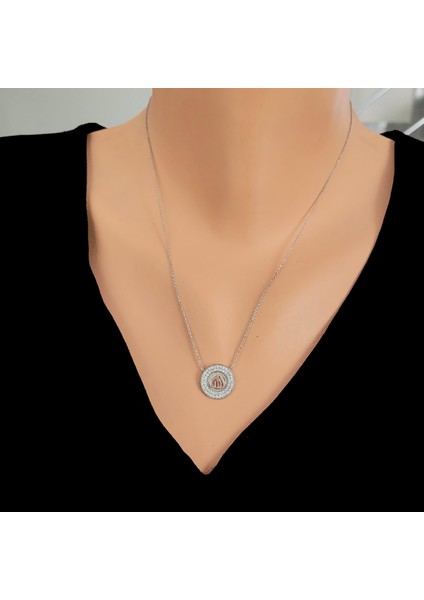 925 Ayar Gümüş Daire Allah Lafzı Kolye, Beyaz Taş