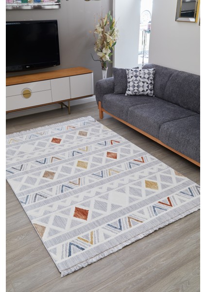 Broadway İskandinav Salon Halısı Mutfak Halısı Yolluk Bukle Dokuma Halı Geometrik Beyaz Mavi Dekoratif Halı BR-04