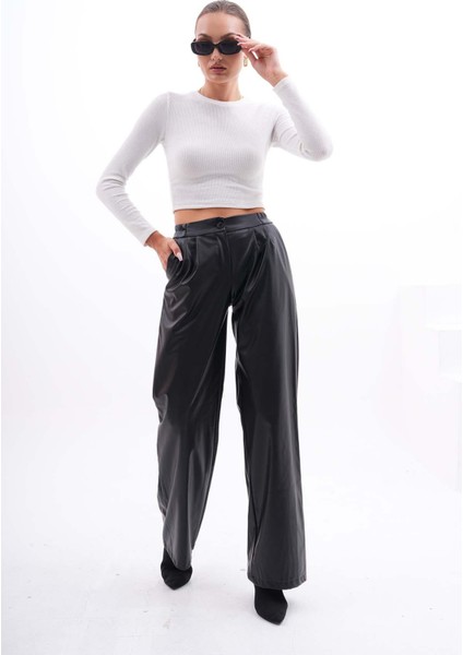 Kadın Pileli Bol Paça Deri Pantolon