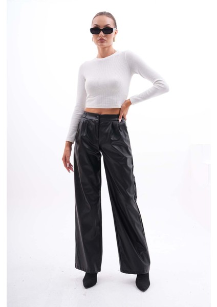 Kadın Pileli Bol Paça Deri Pantolon fiyatları