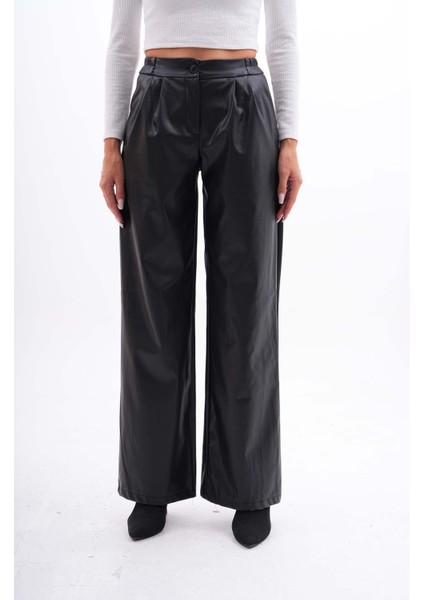 Kadın Pileli Bol Paça Deri Pantolon modelleri