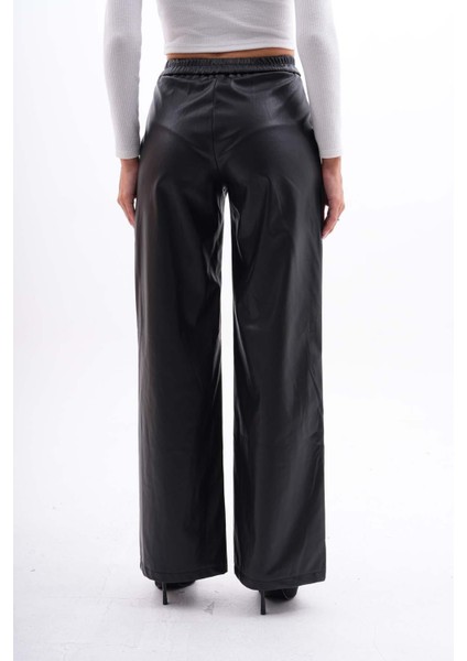 Kadın Pileli Bol Paça Deri Pantolon indirimleri