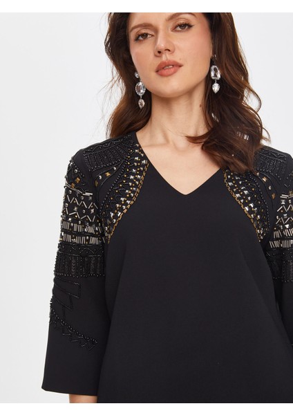 Boncuk ve Taş Işli V Yaka Abiye Elbise 69116 indirimleri