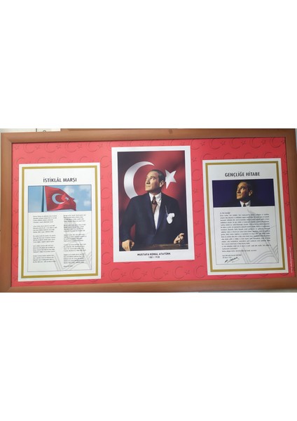 Ahşap Çerçeveli İstiklal Marşı Atatürk Posteri Geçliğe Hitabe 100 x 55 cm