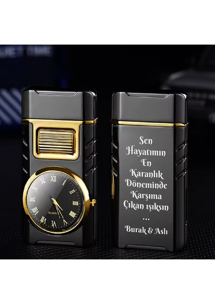 Kişiye Özel Isim ve Söz Baskılı Rüzgar Geçirmez Saatli Gazlı Tasarım Çakmak