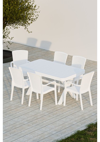 Çavdar Group 90X150 cm Rattan Çapraz 6 Kişilik Masa Takımı Camsız Sedan Sandalye Bahçe Teras Takımı Oturma Grubu