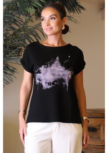 Desenli Kısa Kollu Sıfır Yaka Siyah Kadın Bluz 00118-2Y4 modelleri