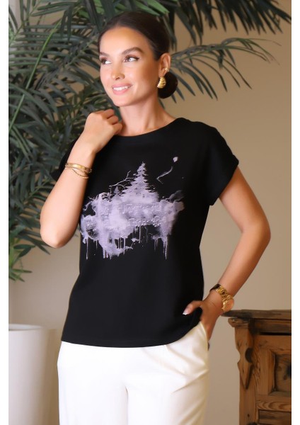 Desenli Kısa Kollu Sıfır Yaka Siyah Kadın Bluz 00118-2Y4 fırsatları