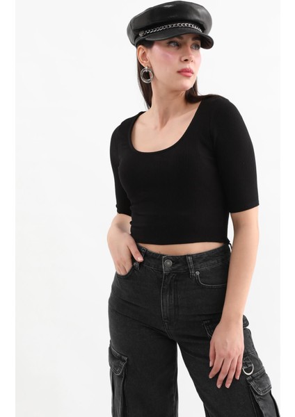 Yarım Kol Fitilli Crop Top Siyah