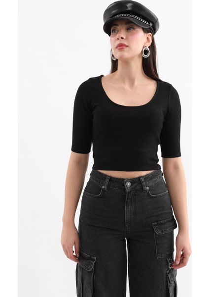 Yarım Kol Fitilli Crop Top Siyah