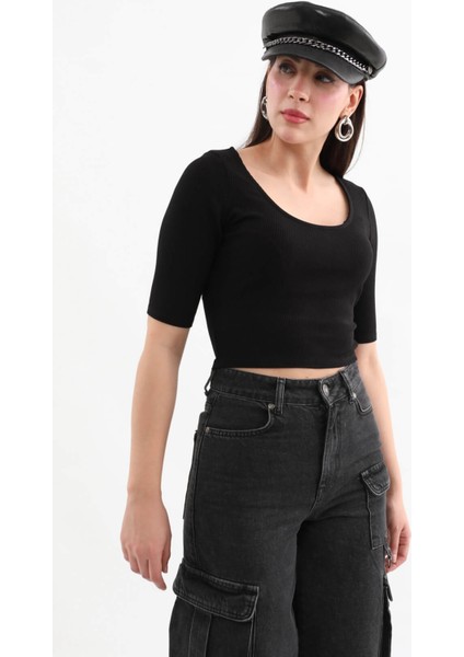 Yarım Kol Fitilli Crop Top Siyah