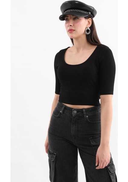 Yarım Kol Fitilli Crop Top Siyah