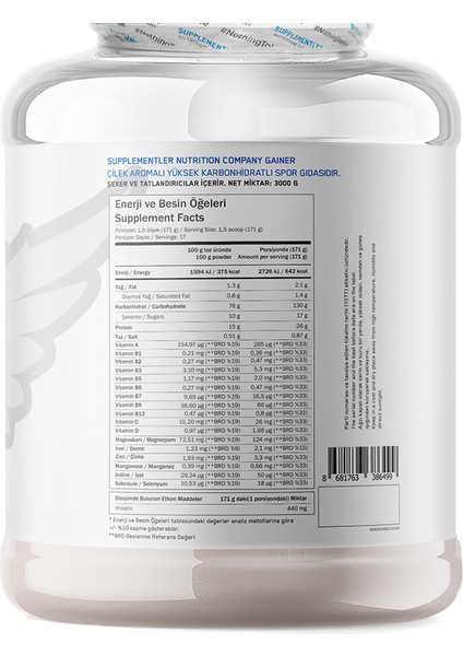 Supplementler.com Gainer 3000 gr - Çilek