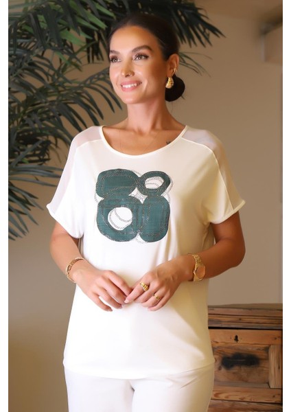 Tül Detaylı Taşlı Ekru Kadın Bluz 00709-2Y4