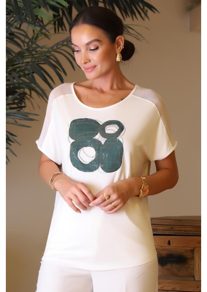 Tül Detaylı Taşlı Ekru Kadın Bluz 00709-2Y4 fırsatları