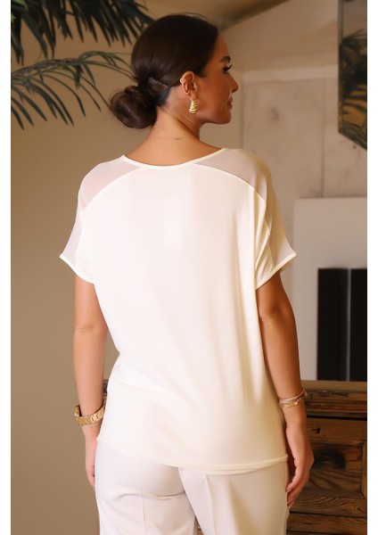 Tül Detaylı Taşlı Ekru Kadın Bluz 00709-2Y4 indirimleri