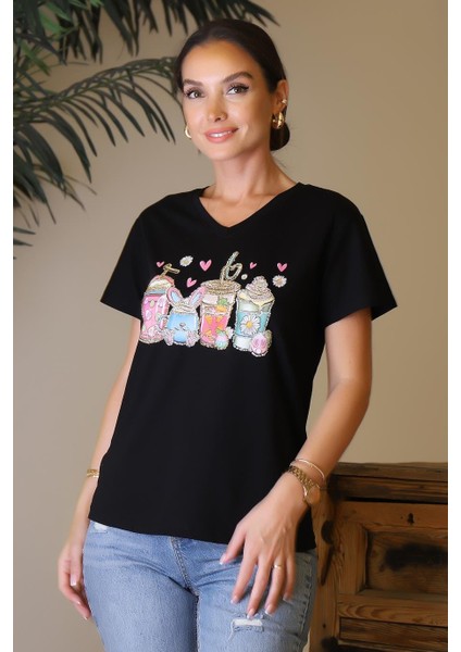 V Yaka Taşlı Siyah Kadın T-Shirt 59-2y4