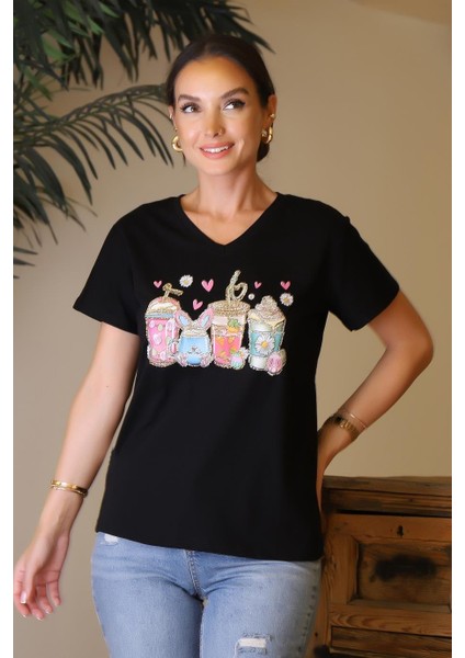V Yaka Taşlı Siyah Kadın T-Shirt 59-2y4 modelleri
