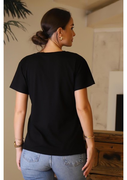 V Yaka Taşlı Siyah Kadın T-Shirt 59-2y4 fırsatları
