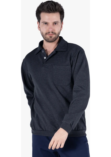 Yıldırımlar İki İplik Polo Yaka Cepli Sweatshirt