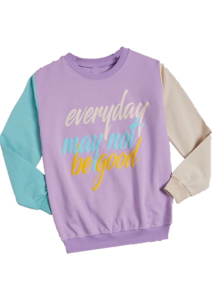 Kız Çocuk Everyday Yazı Desenli Kolları Renk Bloklu Lila Renk Sweatshirt