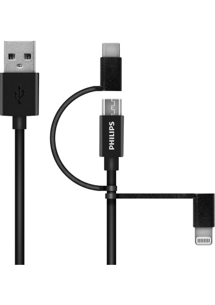 65W 2 Type-C + 3 Usba Toplam 5 Çıkışlı Philips 3in1 Micro Usb-Lightining-Type-C Kablolu Şarj Aleti Siyah SR103