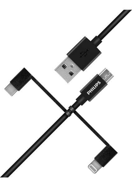 65W 2 Type-C + 3 Usba Toplam 5 Çıkışlı Philips 3in1 Micro Usb-Lightining-Type-C Kablolu Şarj Aleti Siyah SR103