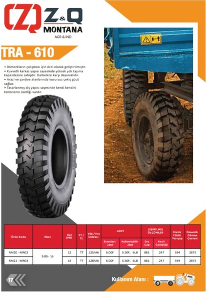 9.00-16 14 Pr(Kat) Tt TRA-610 Römork Lastiği modelleri