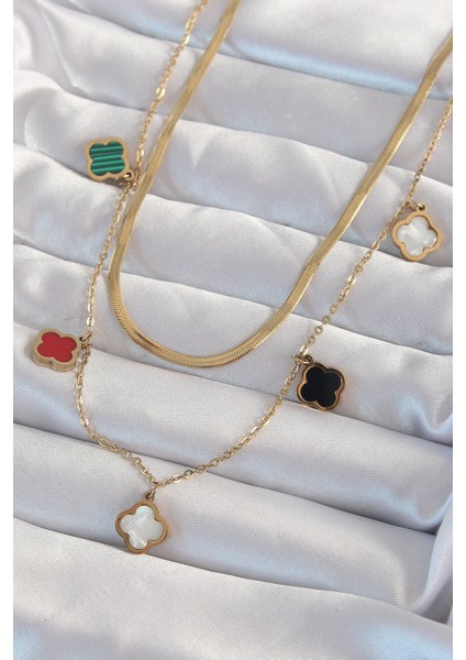 316L Çelik Gold Renk Italyan Zincirli Renkli Mineli Çoklu Yonca Kolye