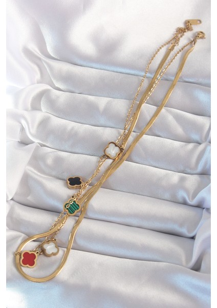 316L Çelik Gold Renk Italyan Zincirli Renkli Mineli Çoklu Yonca Kolye fiyatları