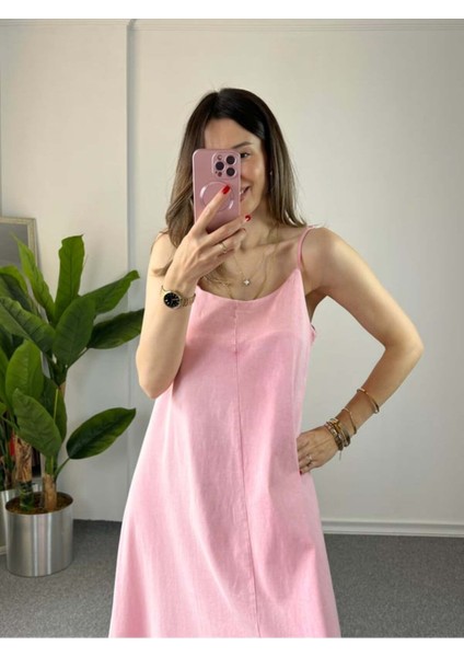 Nils Fashion Ip Askılı Asit  Yıkamalı Pembe Elbise