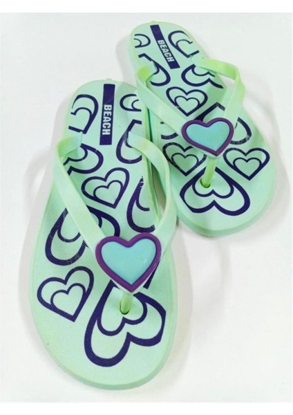 Bayan Parmak Arası Terlik Şeffaf Yumuşak Pvc Kalp Tokalı Su Yeşili Plaj ve Günlük Terlik modelleri