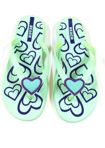 Bayan Parmak Arası Terlik Şeffaf Yumuşak Pvc Kalp Tokalı Su Yeşili Plaj ve Günlük Terlik indirimleri