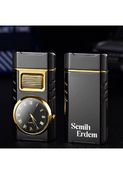 Kişiye Özel Isim Baskılı Metal Rüzgar Geçirmez Saatli Gazlı Tasarım Çakmak