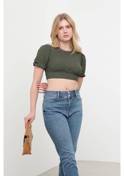 Sırt Dekolteli Kuşak Bağlamalı Crop Top Haki