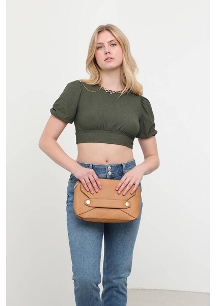 Sırt Dekolteli Kuşak Bağlamalı Crop Top Haki