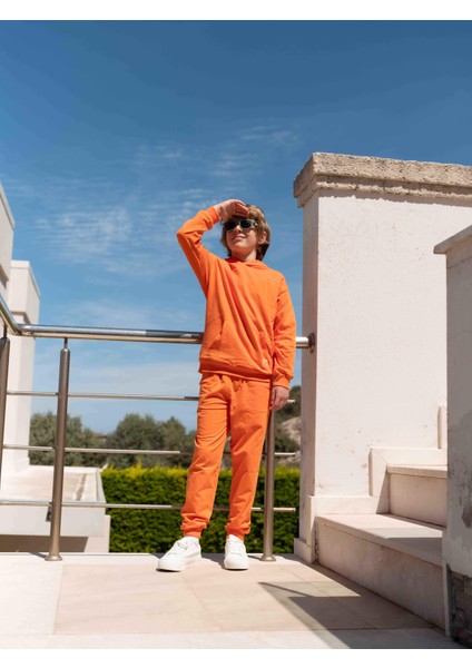 Uthar Turuncu Pamuklu Kapşonlu Çocuk Sweatshirt Eşofman Altı Takım