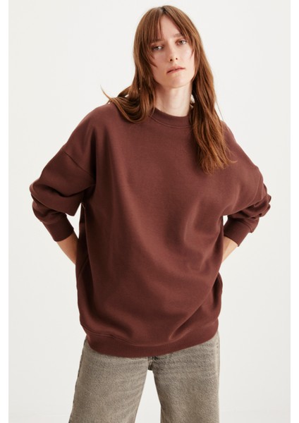 Allys Kadın Bisiklet Yaka Oversize Basic Kahverengi Sweatshirt