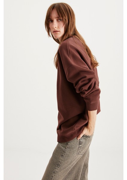 Allys Kadın Bisiklet Yaka Oversize Basic Kahverengi Sweatshirt fırsatları