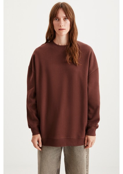 Allys Kadın Bisiklet Yaka Oversize Basic Kahverengi Sweatshirt indirimleri