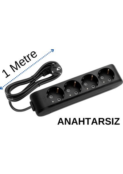 (4/'lü) Dörtlü Priz Topraklı Kablolu Siyah 1 (Bir) Metre