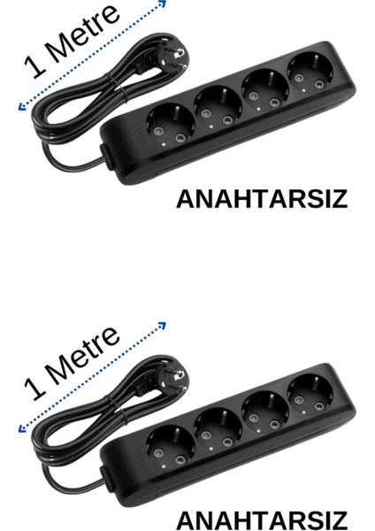 (4/'lü) Dörtlü Priz Topraklı Kablolu Siyah 1 (Bir) Metre (2 Adet)
