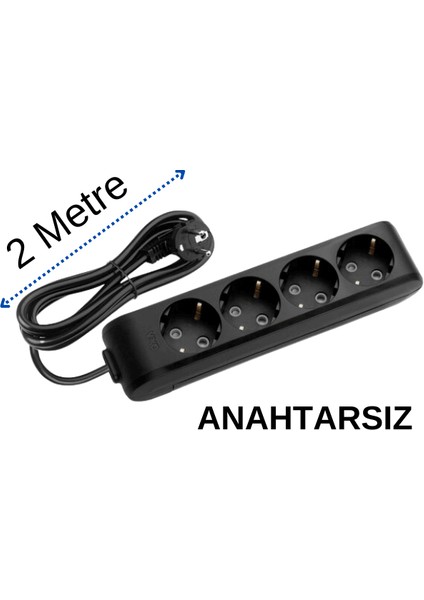 (4/'lü) Dörtlü Priz Topraklı Kablolu Siyah 2 (Iki) Metre
